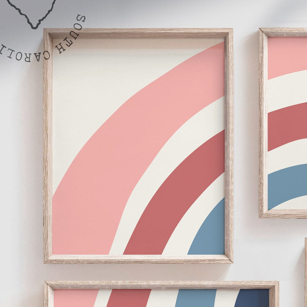 Modern nursery decor, rainbow nursery art, rainbow prints for wall, mauve pink and navy blue bedroom colors, rainbow prints for kid playroom