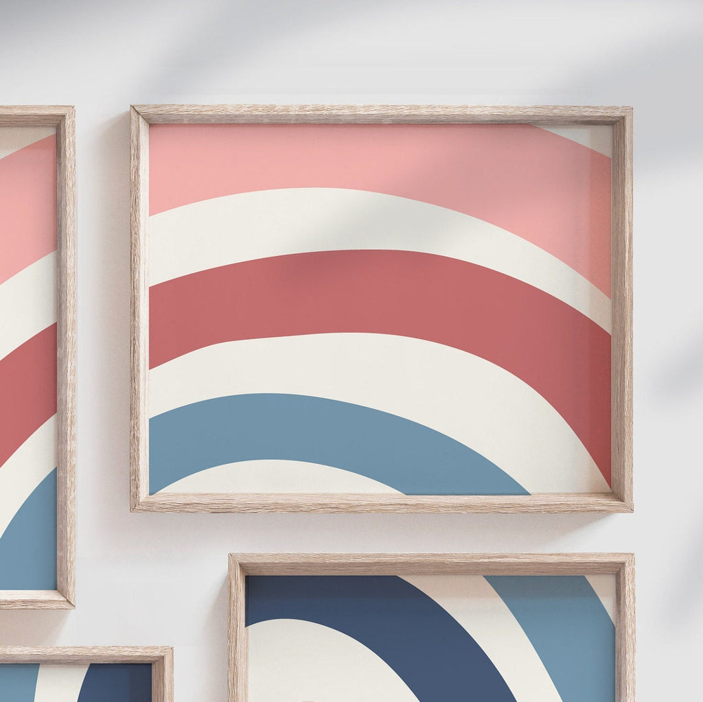 Modern nursery decor, rainbow nursery art, rainbow prints for wall, mauve pink and navy blue bedroom colors, rainbow prints for kid playroom