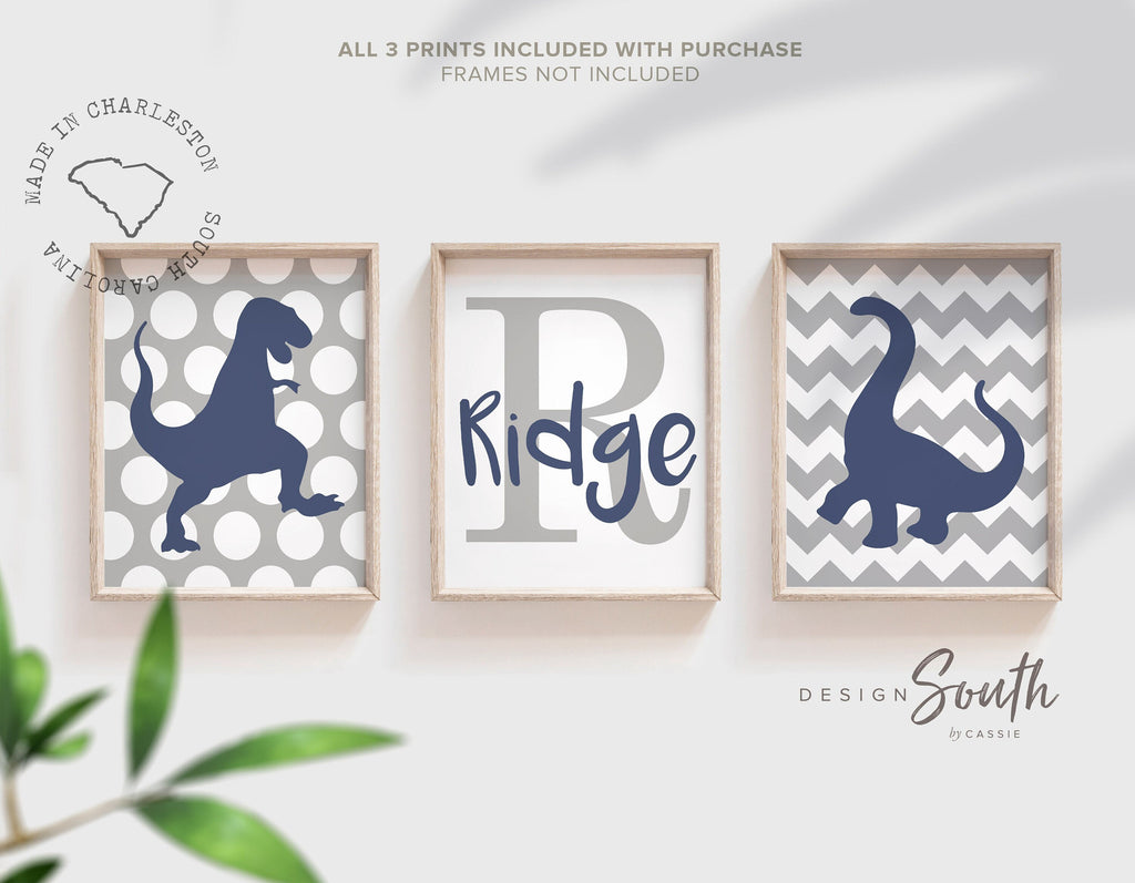 Dinosaur decor, dinosaur nursery wall art boy, boys bedroom dinosaurs, baby boy wall art navy grey decor, monogram dino theme, dinosaur art