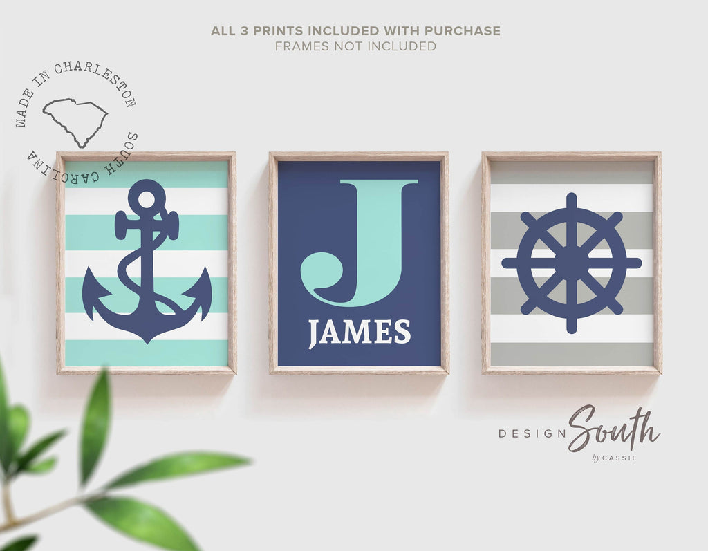 Boys nautical theme anchor ship wheel wall art prints, wall art boys room, personalized name initial art, nautical gift for boy personalized