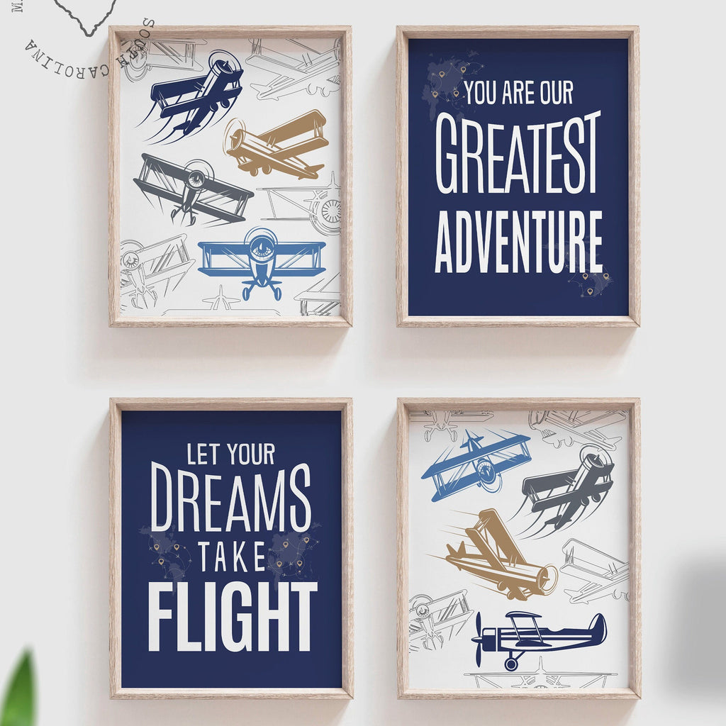 Airplane nursery art, airplanes, aviation, boys nursery, let your dreams take flight, navy blue, vintage airplanes, boys airplane prints