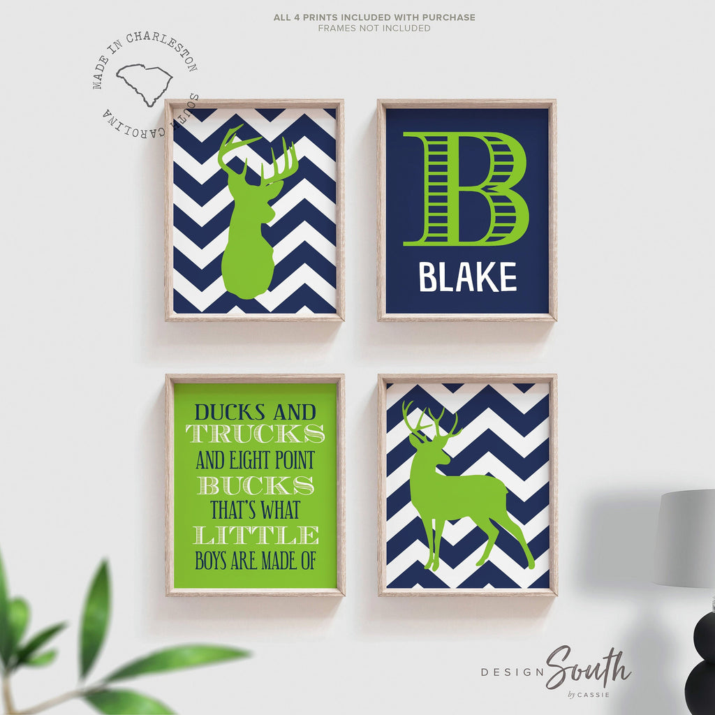 Boys nursery decor, hunting nursery, lime green and navy, personalized print, ducks and trucks, eight point bucks, boys deer nursery decor