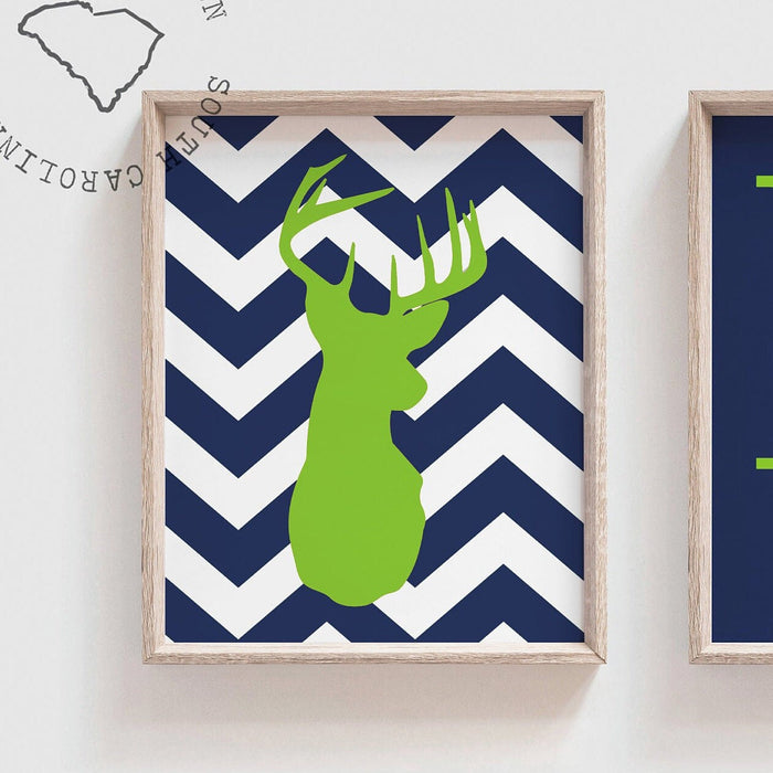 Boys nursery decor, hunting nursery, lime green and navy, personalized print, ducks and trucks, eight point bucks, boys deer nursery decor
