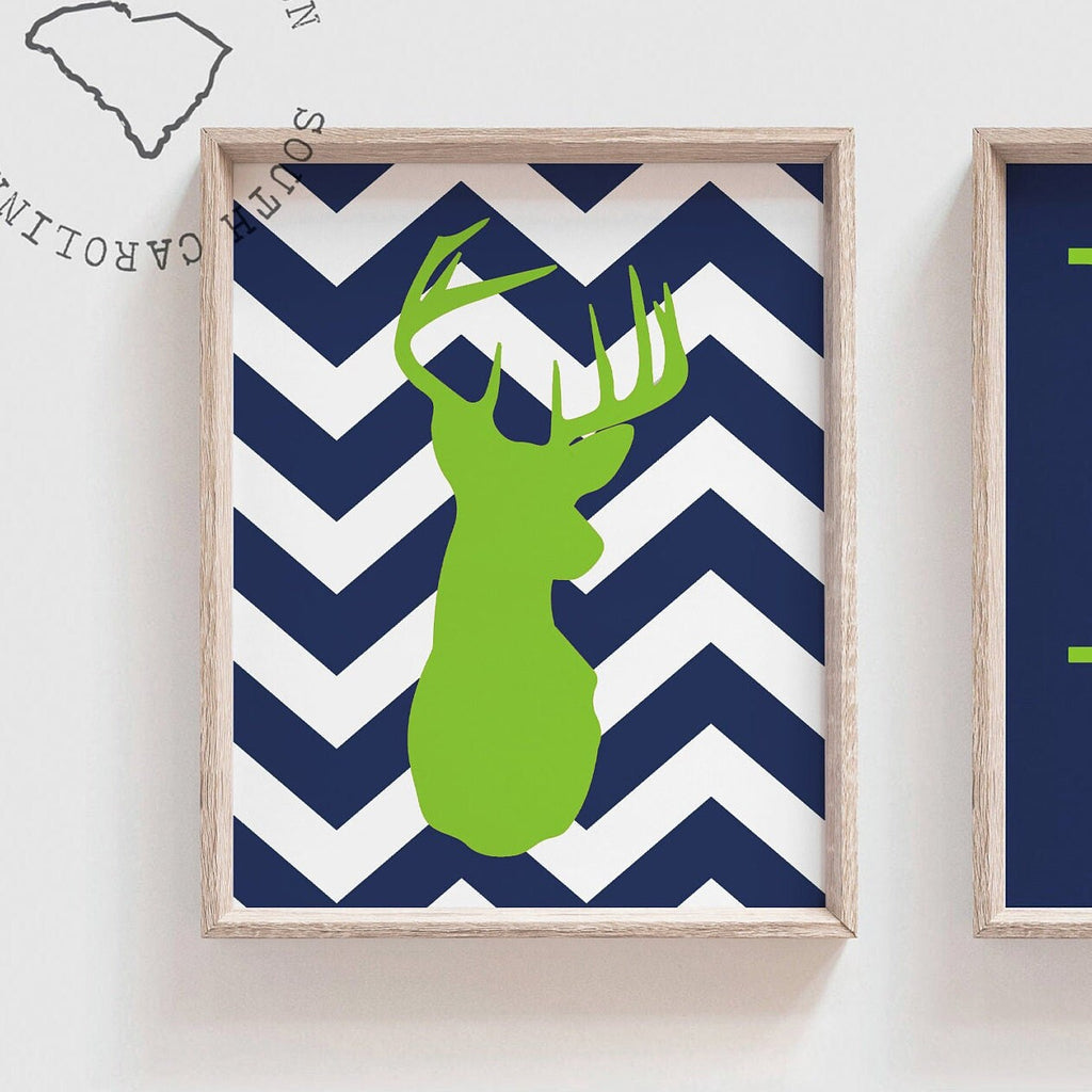 Boys nursery decor, hunting nursery, lime green and navy, personalized print, ducks and trucks, eight point bucks, boys deer nursery decor