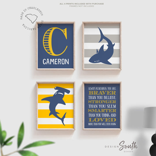 Shark wall art, shark decor, shark art room decor, shark nursery art set of 4 shark prints, striped sharks, baby boy shark decor monogrammed