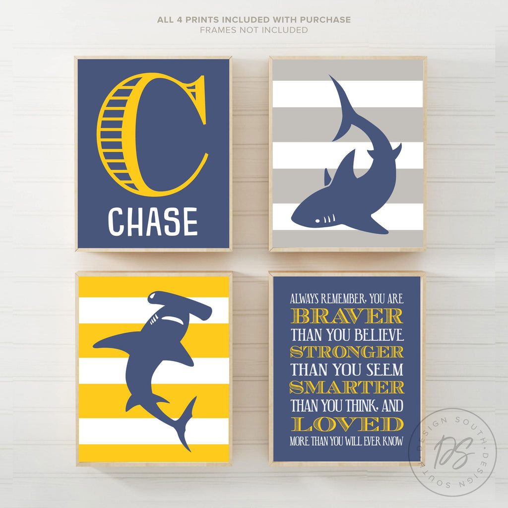Shark wall art, shark decor, shark art room decor, shark nursery art set of 4 shark prints, striped sharks, baby boy shark decor monogrammed