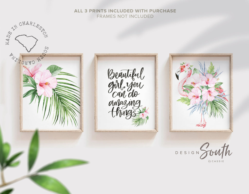 Baby girl nursery decor pink tropical flamingo floral, above crib decor, pink flamingo nursery wall art, personalized baby girl gift quote