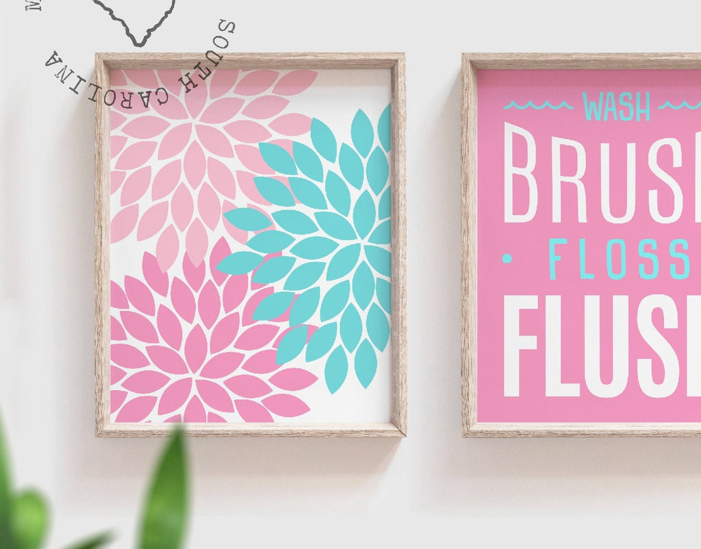 Girl bathroom, pink teal bathroom prints for girls, pink bathroom wall art, pink and teal bathroom decor, pink and teal art girls bathroom
