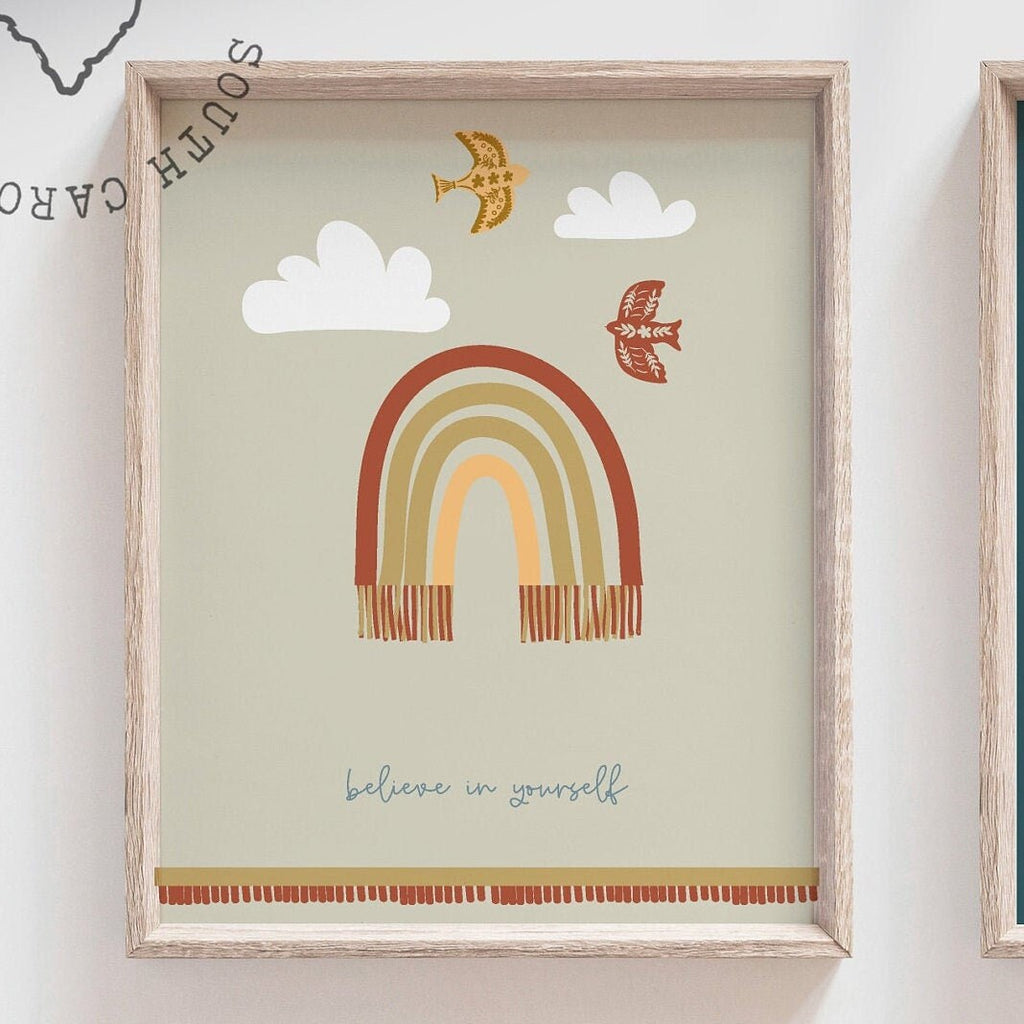 Animal nursery decor, teal blue nursery rainbow boho themed wall art, unisex nursery, gender neutral nursery wall decor, baby neutral art