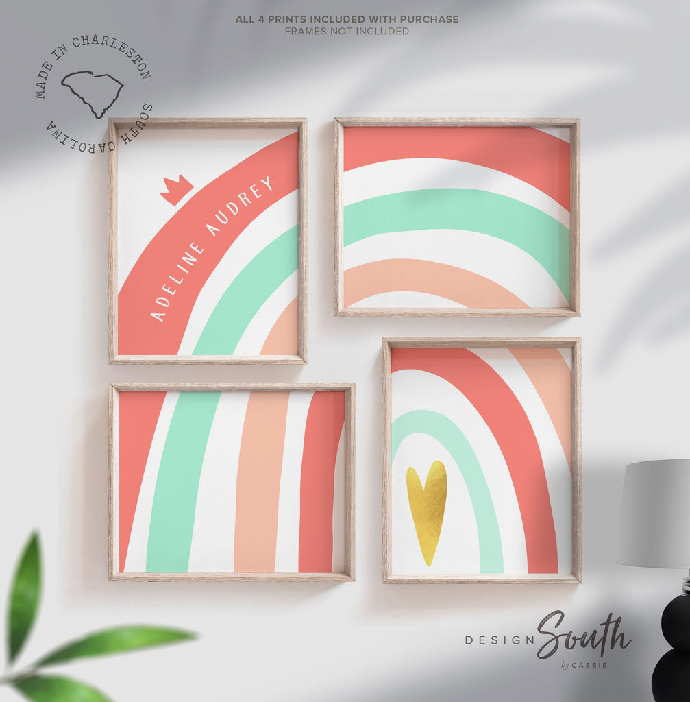 Baby girl coral mint gold rainbow decor, coral and mint art, coral nursery, baby girl rainbow gold, girls playroom ideas, nursery art coral