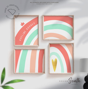 Baby girl coral mint gold rainbow decor, coral and mint art, coral nursery, baby girl rainbow gold, girls playroom ideas, nursery art coral