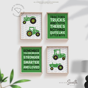 Kids farm tractor truck theme bedroom decor, baby boy tractor gift, boy nursery tractor theme, print poster set green gray tractor trucks