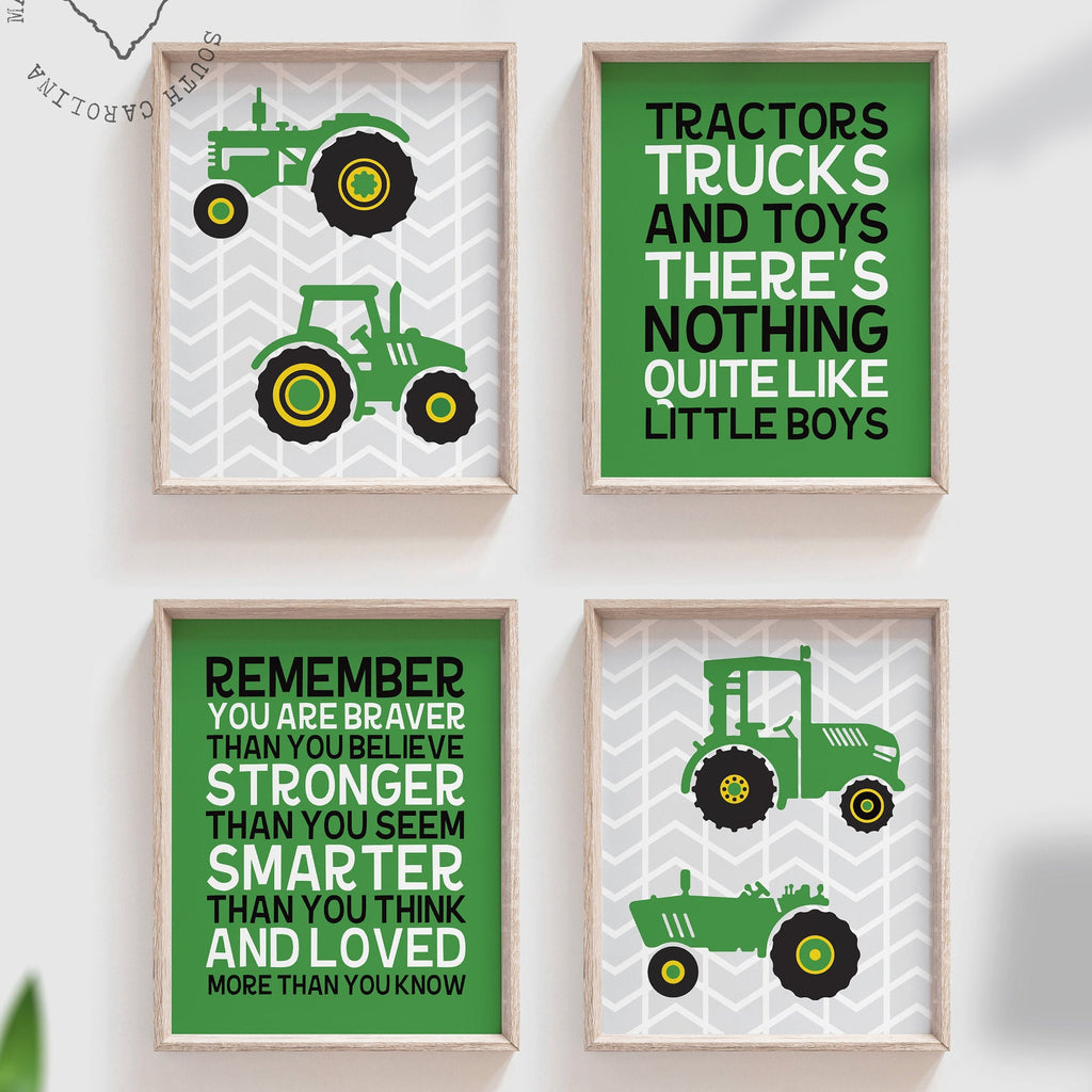Kids farm tractor truck theme bedroom decor, baby boy tractor gift, boy nursery tractor theme, print poster set green gray tractor trucks