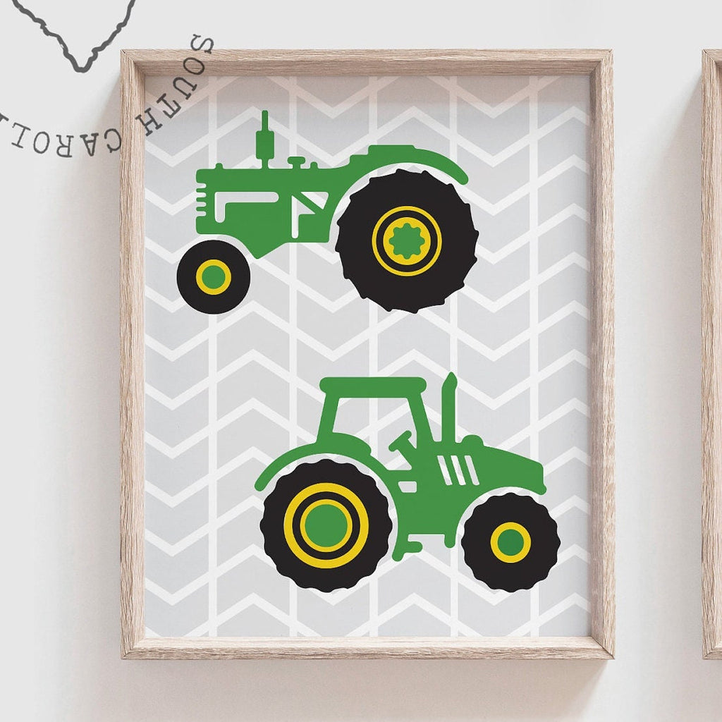 Kids farm tractor truck theme bedroom decor, baby boy tractor gift, boy nursery tractor theme, print poster set green gray tractor trucks