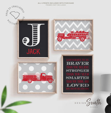 Fire truck nursery, fire trucks, boys, name print, boys personalized nursery wall art, boys nursery decor, red nursery, transportation decor