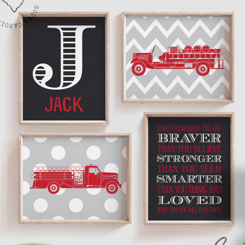 Fire truck nursery, fire trucks, boys, name print, boys personalized nursery wall art, boys nursery decor, red nursery, transportation decor