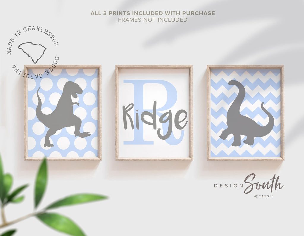 Dinosaur decor, dinosaur nursery wall art boy, baby blue and gray dinosaurs, baby boy wall art customized name, monogram dinosaur theme art