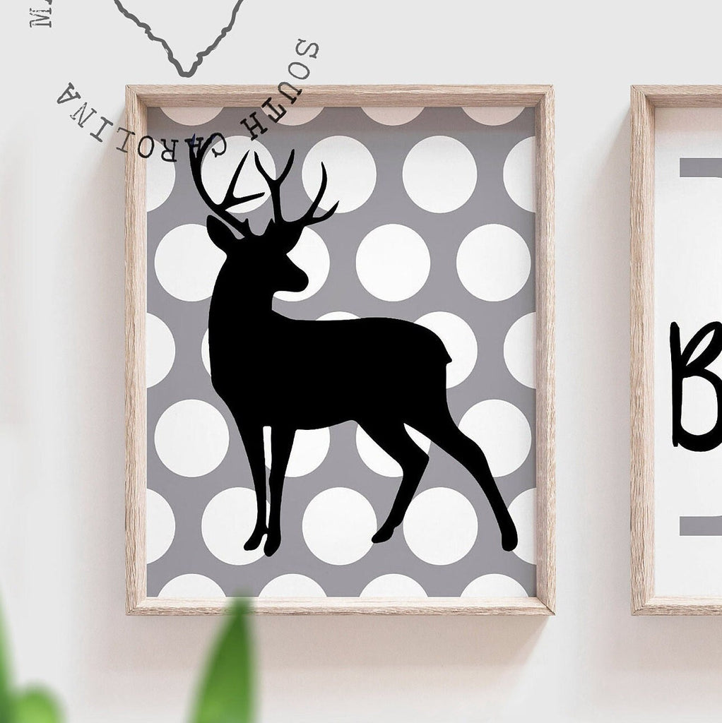 Boys bedroom deer, gray deer decor, deer nursery black gray charcoal, boys hunting, deer hunting nursery personalized baby name wall art boy