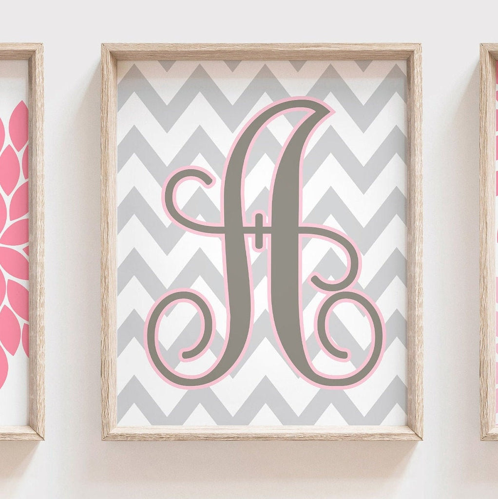 Baby girl nursery pink and gray, pink and gray nursery art, pink monogram nursery art, baby girl wall art pink, baby girl wall decor, baby