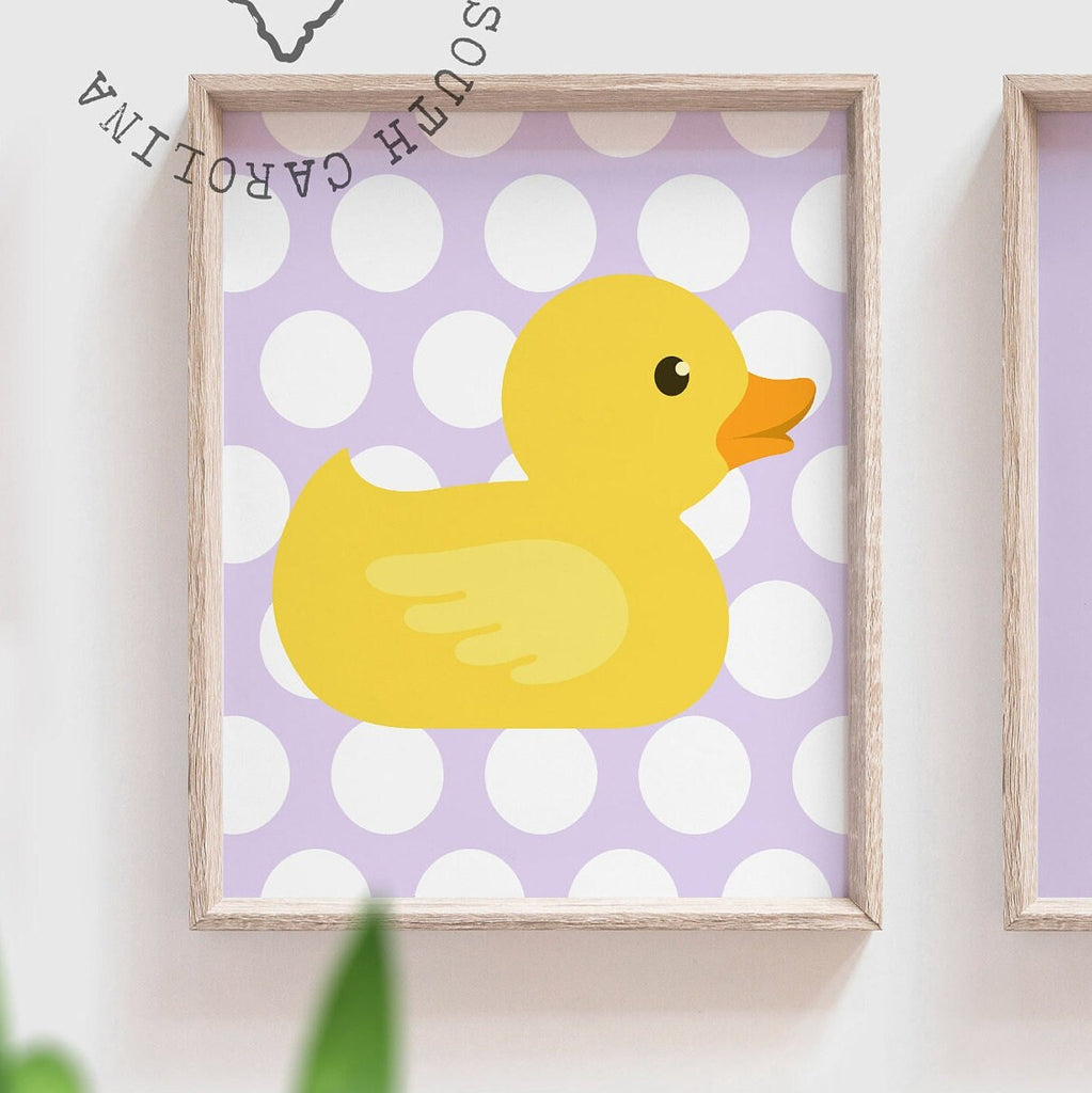 Girls bathroom decor lilac, yellow rubber duck bathroom wall art prints, wash brush floss flush, purple and yellow bathroom, baby bathroom