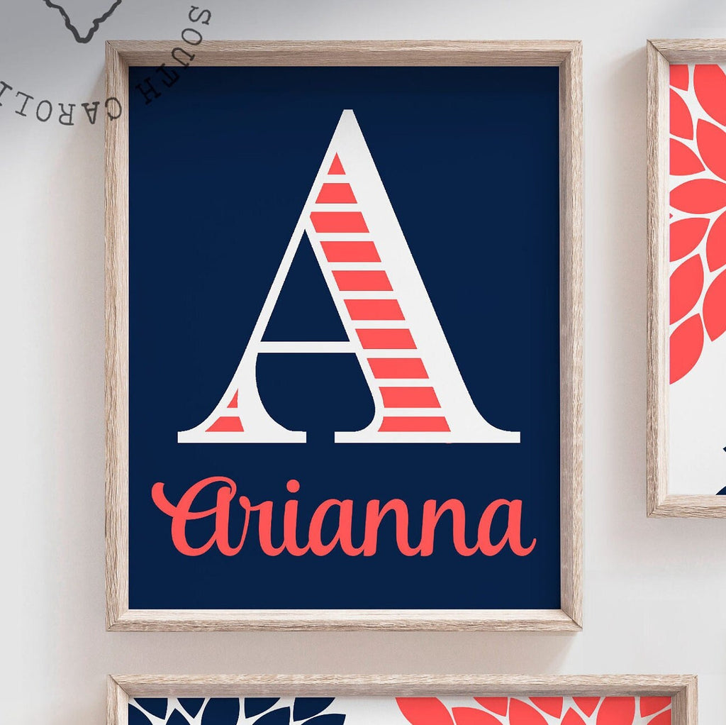 Girls nursery decor, monogram decor, navy blue coral and mint, girls room dream big quote, inspirational quote for girls, girls nursery art