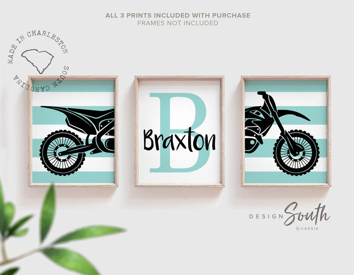 Boys black dirt bikes bedroom decor, motocross bedroom wall art for boys, customized bedroom art boys dirt bikes, black aqua dirt bike name