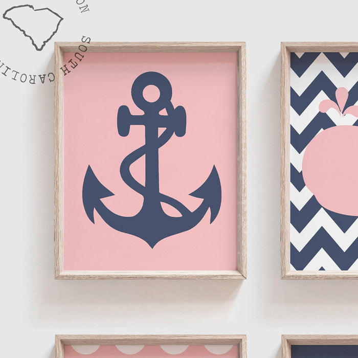 Pink & Navy Nautical Nursery Decor — Girls' Whale & Sailboat Prints