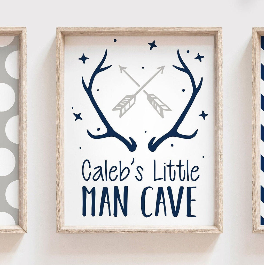 Deer boys room decor, buck deer prints, navy blue gray, boys name art, little man cave, kids hunting, baby boy deer wall art, deer theme art