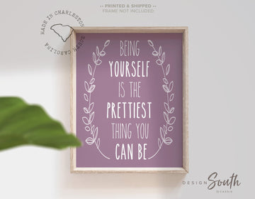 Quote for girls nursery, print for girls bedroom, dark purple and white nursery decor for girls, being yourself quote, playroom print, art