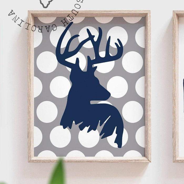 Deer nursery wall art, navy blue and gray deer nursery art for baby boy, woodland deer nursery art, deer wall decor, boy deer, deer pictures