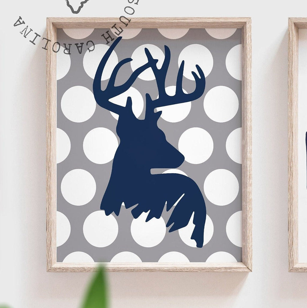 Deer nursery wall art, navy blue and gray deer nursery art for baby boy, woodland deer nursery art, deer wall decor, boy deer, deer pictures