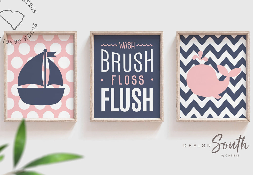 Girls navy pink bathroom, girls bathroom art, girls nautical bathroom art, navy pink bathroom, navy pink nautical bathroom for girls, brush