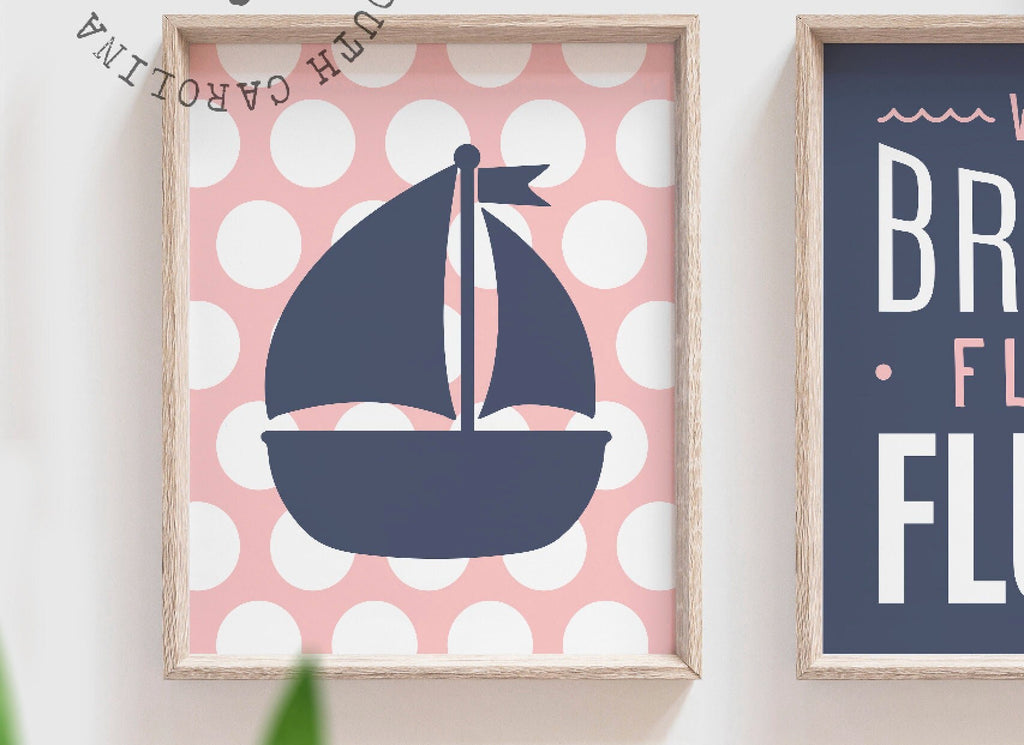 Girls navy pink bathroom, girls bathroom art, girls nautical bathroom art, navy pink bathroom, navy pink nautical bathroom for girls, brush