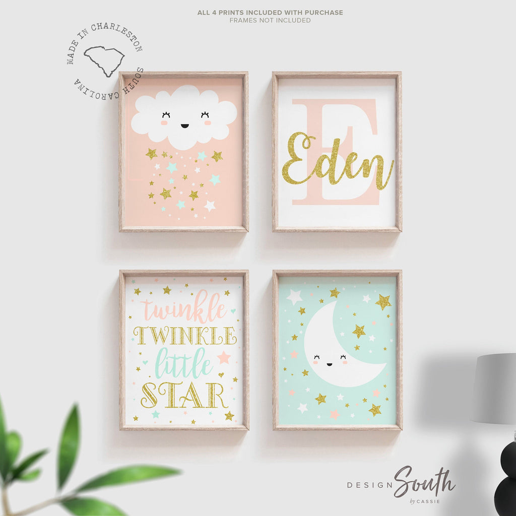 Peach and mint, blush pink and mint green, baby girl nursery, personalized nursery print, girl wall decor, peach mint and gold wall decor