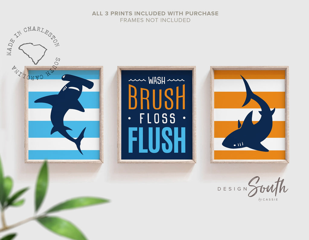 Boys bathroom decor, shark bathroom, wash, brush, big boy bathroom, sharks boys bathroom, shark theme bathroom, ocean, orange and blue decor