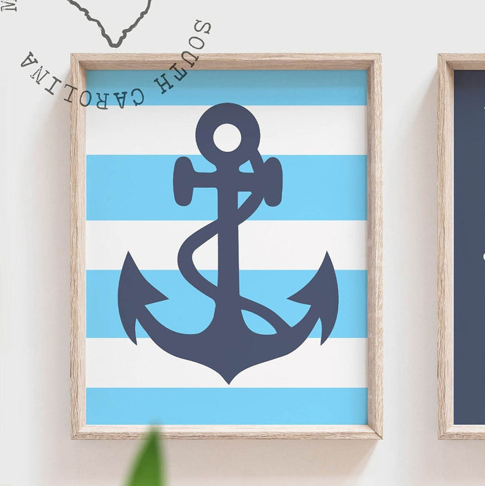 Nautical Bathroom Decor — Anchor & Ship Wheel Prints for Boys