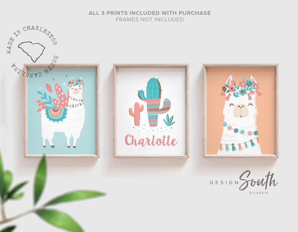 Llama nursery decor for girls, soft orange and aqua blue girls wall art prints, girls bedroom prints, name print personalized llama themed