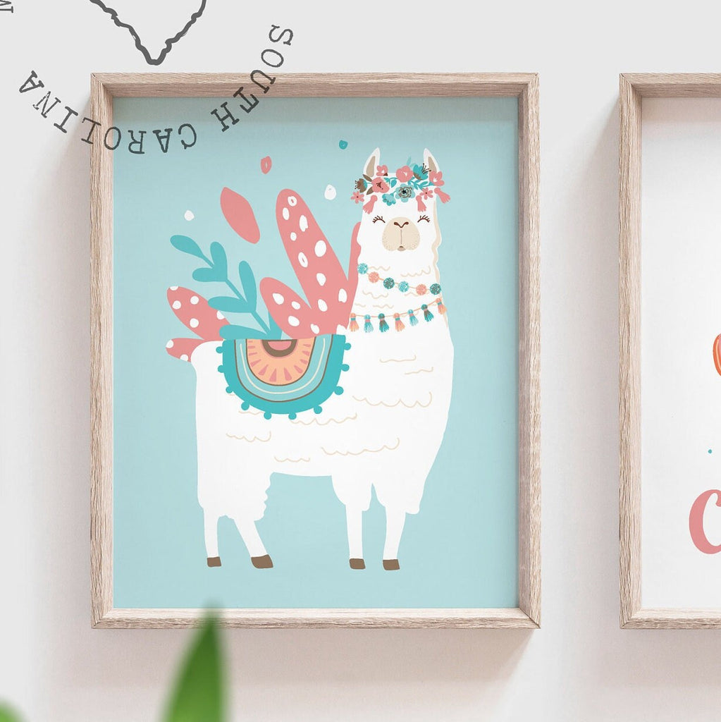 Llama nursery decor for girls, soft orange and aqua blue girls wall art prints, girls bedroom prints, name print personalized llama themed