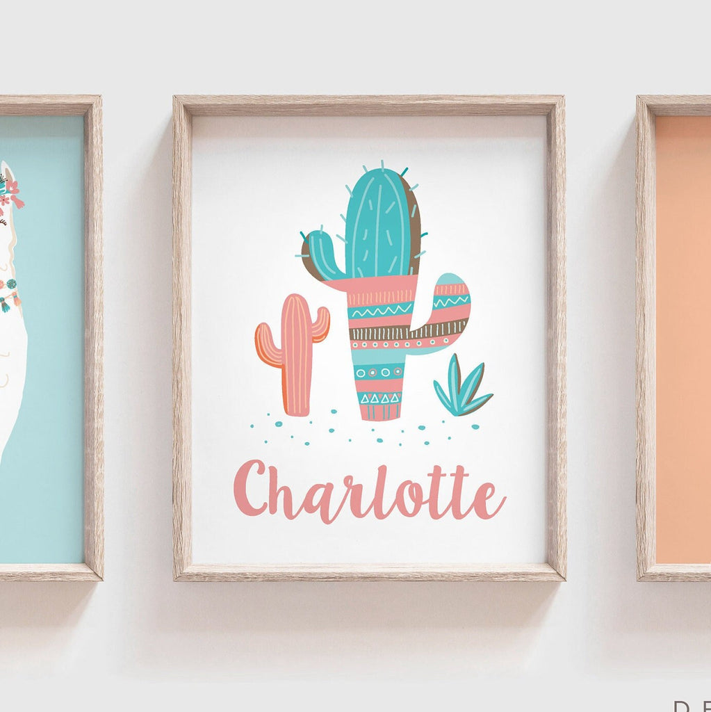 Llama nursery decor for girls, soft orange and aqua blue girls wall art prints, girls bedroom prints, name print personalized llama themed