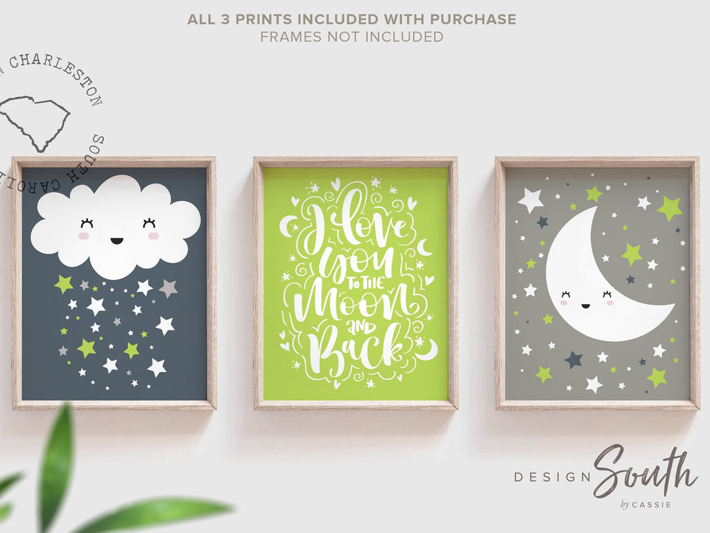 Green gray navy baby boy nursery decor, navy blue gray and lime green, wall art prints for boy room, i love you to the moon, celestial decor