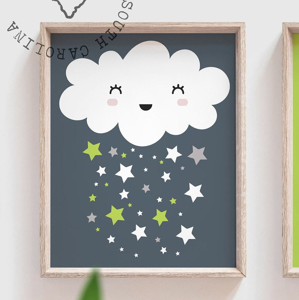 Green gray navy baby boy nursery decor, navy blue gray and lime green, wall art prints for boy room, i love you to the moon, celestial decor