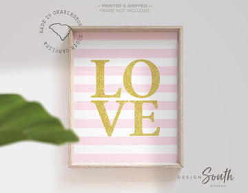 Love print, gold and pink love print, girls nursery decor, pink and gold, girls love nursery, girls nursery art, stripes, bathroom print