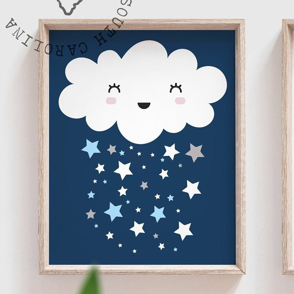 Baby blue and navy boys nursery monogram customized name decor, baby boy nursery cloud moon and stars, stars baby boy, moon baby boy, clouds