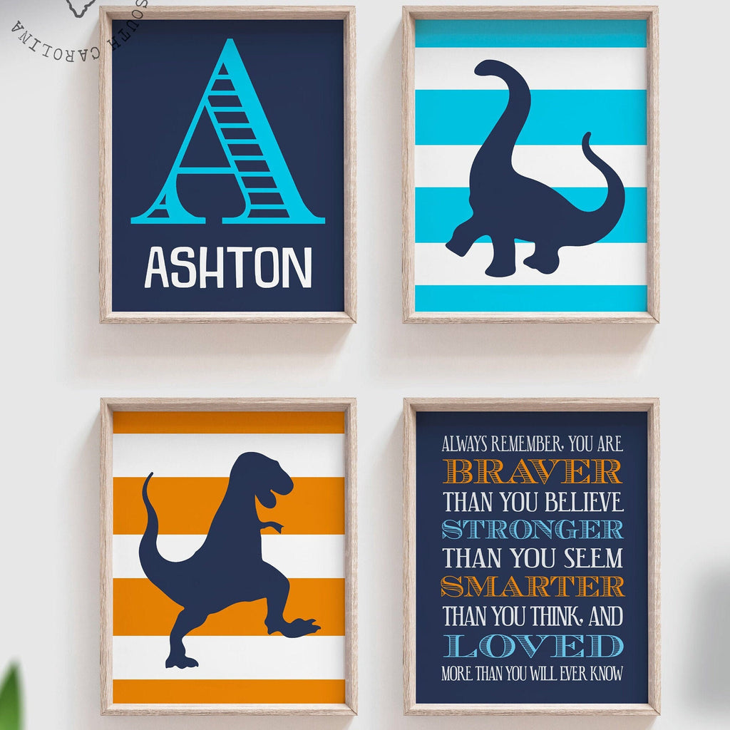 Orange blue dinosaur boys room art, dinosaur themed kids room, dinosaur themed bedroom decor, dino gift for boy, name art, toddler boy decor