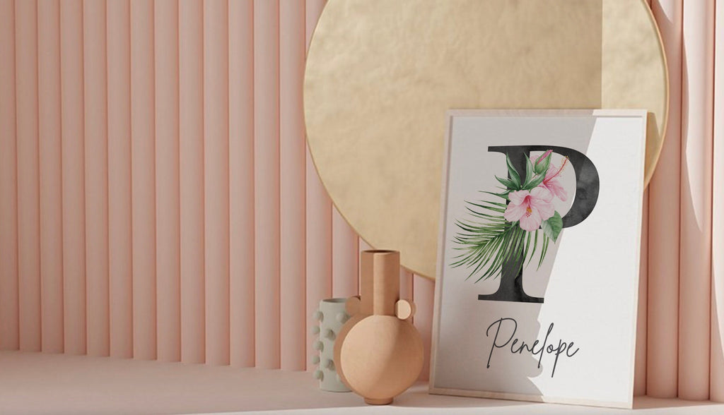 Palm panda bear baby girl wall art, tropical palm baby monogram, girls nursery print, baby name wall art, pink and purple name nursery decor