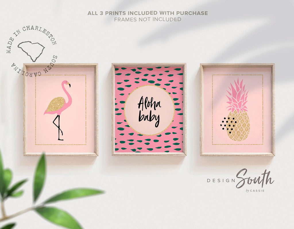 Aloha baby, pink and gold flamingo nursery, pink flamingo nursery, girls tropical name art, pink and gold room decor, baby girl flamingo art