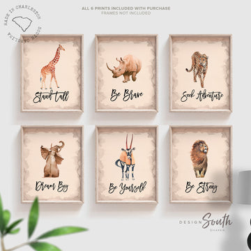 Safari animal decor, gender neutral playroom bedroom nursery, gender neutral baby animal wall art gallery set of 6, gender neutral nursery