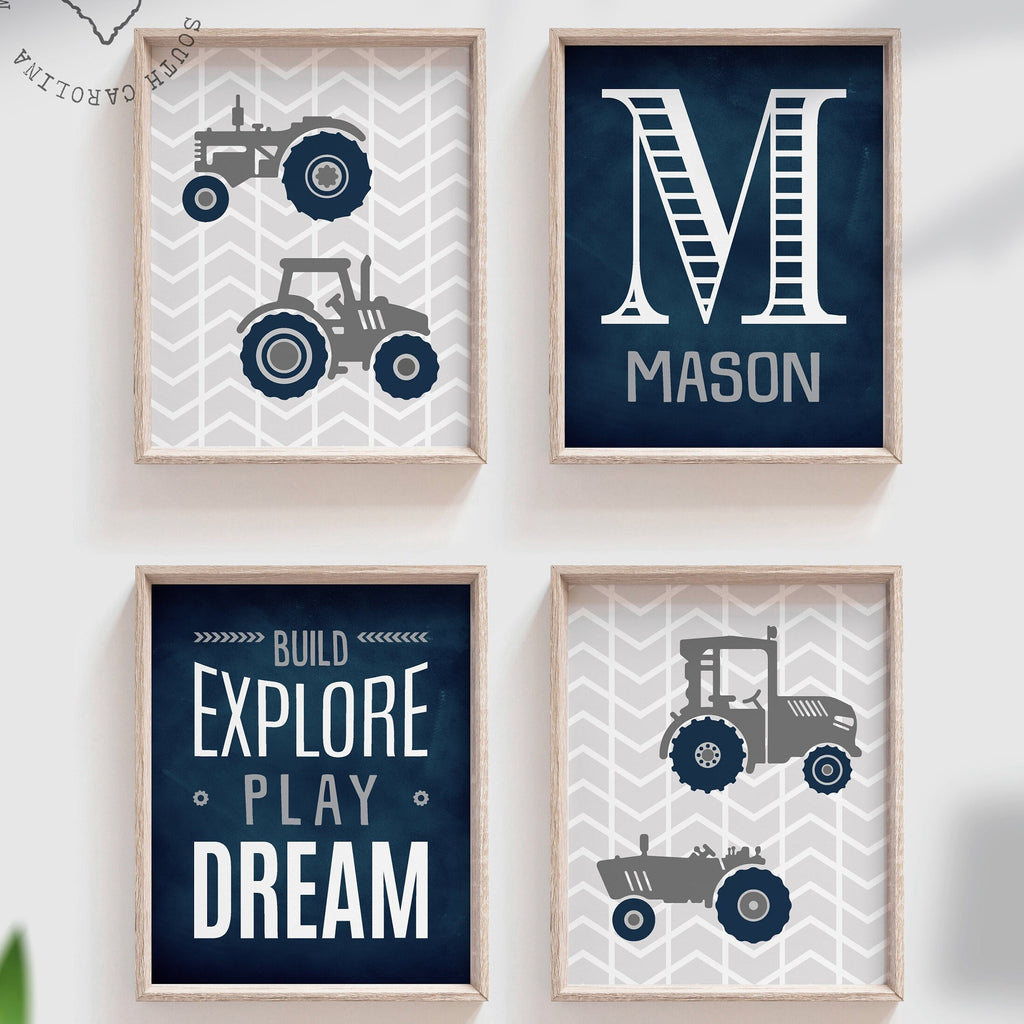 Navy blue gray tractor baby gift nursery personalized name art, john deere tractor boy room wall, nursery tractor theme, boy bedroom tractor