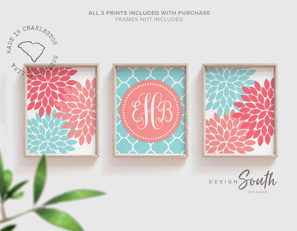 Coral and aqua girls wall decor, personalized monogram gift, baby shower gift monogram, baby girl room coral and aqua, girl bedroom wall art