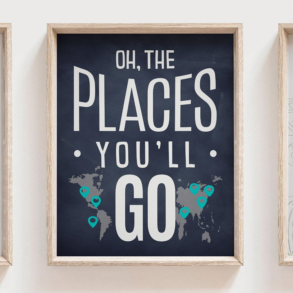 Transportation theme for boys nursery or bedroom, personalized name print for boys, oh the places you'll go, cars, turquoise and navy prints